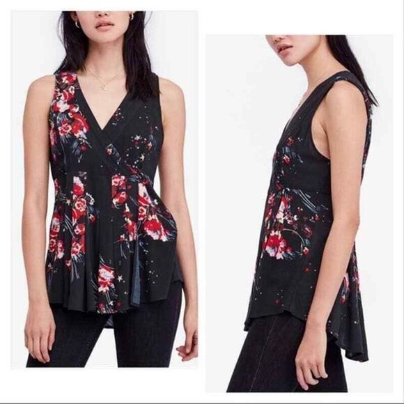 Free People Floral Sleeveless Wrap Tunic Top Size Small Black & Red - Picture 2 of 16